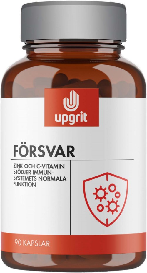 A brown bottle with a gray cap, label says "Försvar" and shows a shield with germs, contains 90 capsules.