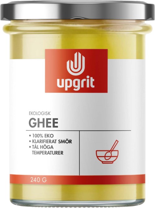 A jar of yellow ghee with a red and white label, showing brand Upgrid and text in Swedish.