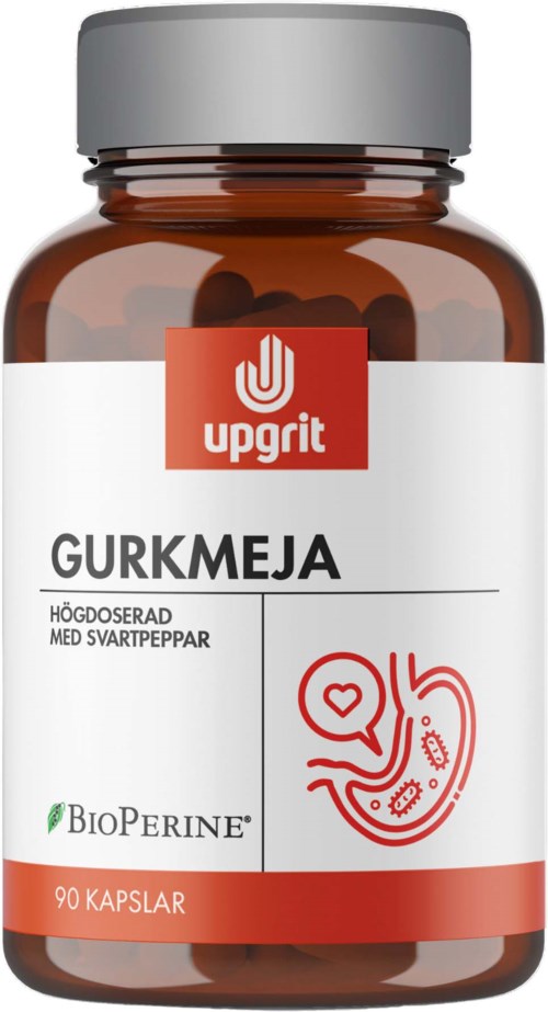 A supplement bottle labeled 'Gurkmeja' with red and white colors and a stomach illustration, contains 90 capsules.