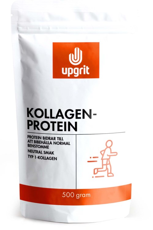 A white bag with red logo and text, advertising collagen protein powder, with a running figure illustration.