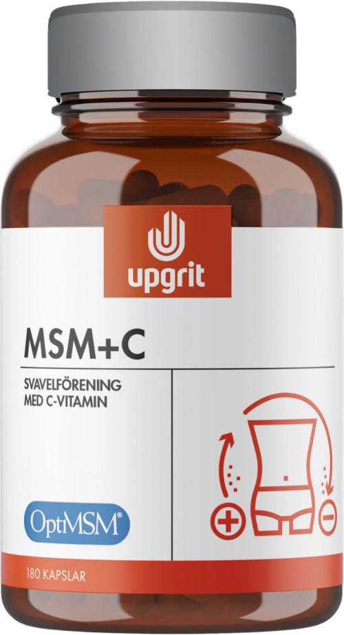 A supplement bottle labeled 'MSM+C' with a simple diagram of a waist and plus sign, and a red and white color scheme.