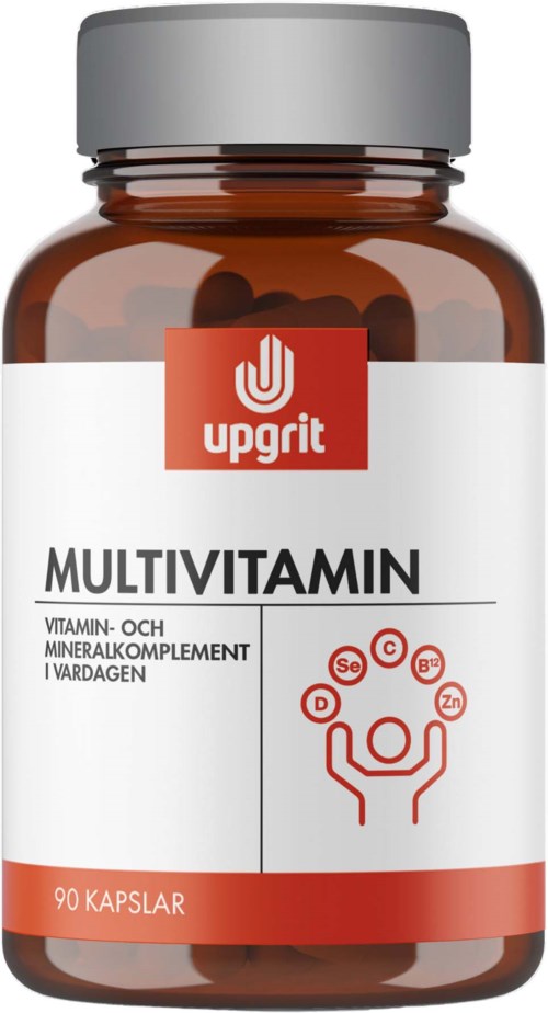 A brown plastic bottle with a gray lid, labeled 'Multivitamin' from Upgrid, containing 90 capsules.