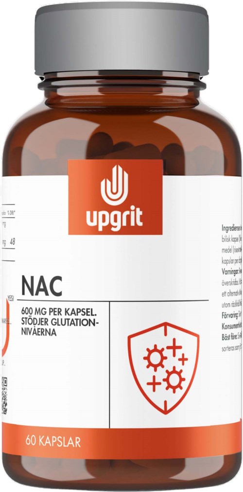 A brown bottle labeled "upgrit" with a red logo and text, containing 60 capsules of NAC supplement.