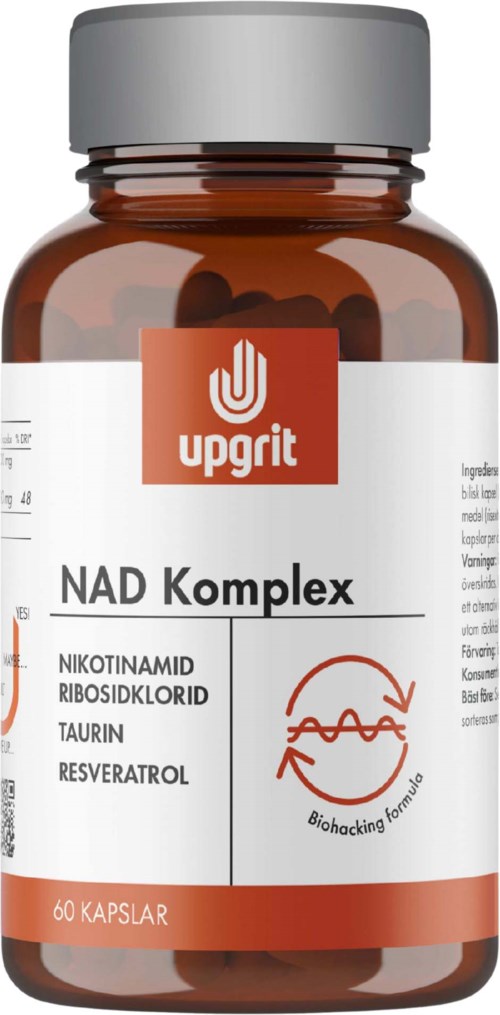 A brown bottle labeled "NAD KompleX" with ingredients like nicotinamide and resveratrol, contains 60 capsules.