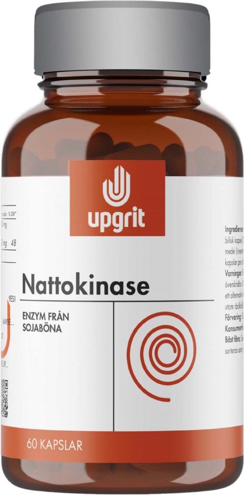 A brown bottle labeled 'upgrit' contains 60 capsules of bedtime enzyme from soybeans. The label has a swirl logo.