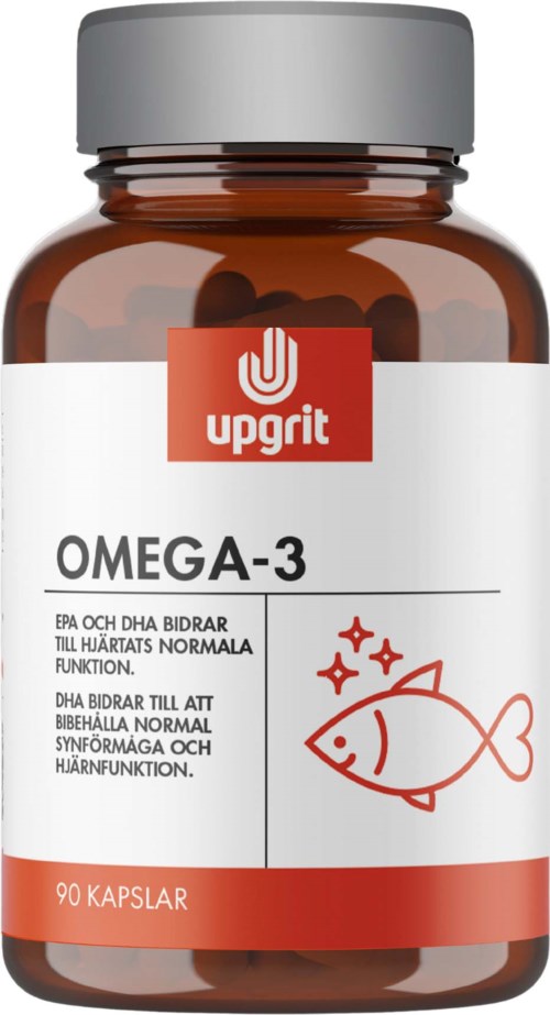 Brown pill bottle labeled 'Omega-3' with a fish icon and the brand name 'upgrit.'