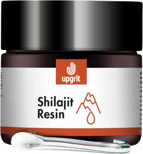 A jar of Shilajit Resin with a spoon, featuring the Upgrit logo and simple mountains logo on the label.