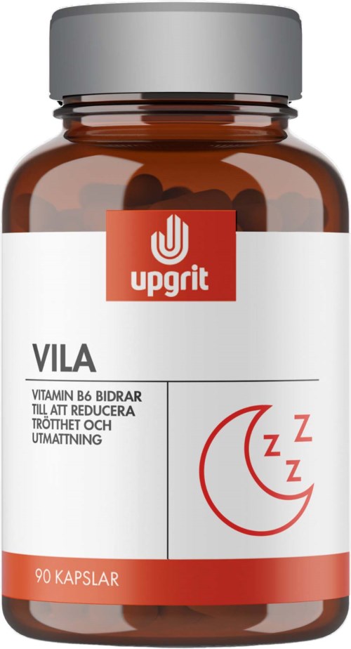 A brown bottle with a grey lid, label displays 'upgrit' logo, 'VILA' name, and a sleeping moon icon.