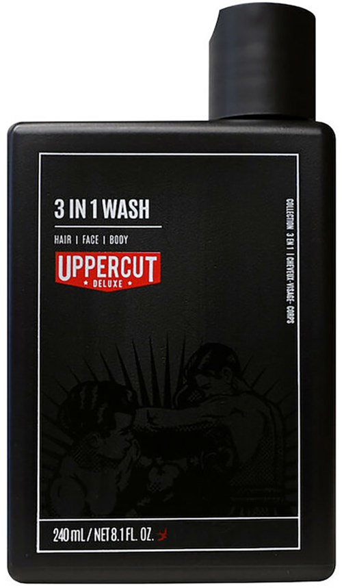 A black bottle labeled "3 IN 1 WASH" for hair, face, and body, with a red "UPPERCUT" logo.
