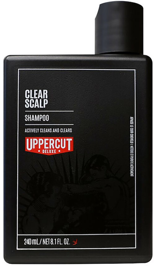A black bottle of UPPERCUT Deluxe Clear Scalp Shampoo, 240ml, designed for active scalp cleansing.