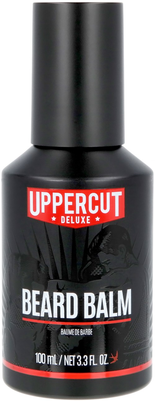 A black bottle with a red and white label, named 'Uppercut Deluxe Beard Balm' with 100ml volume.