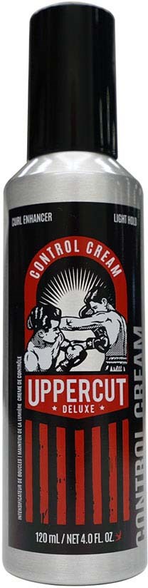 A can of Uppercut Deluxe Control Cream hair styling product with boxing imagery on the label.