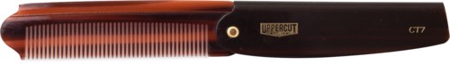 A hair comb with a dark handle and orange teeth, labeled with brand and model numbers.