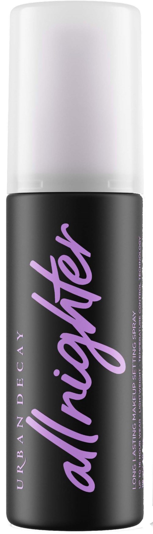 Een zwart flesje met paarse tekst zegt 'allnighter' en een Urban Decay-logo. Het is een make-up setting spray.