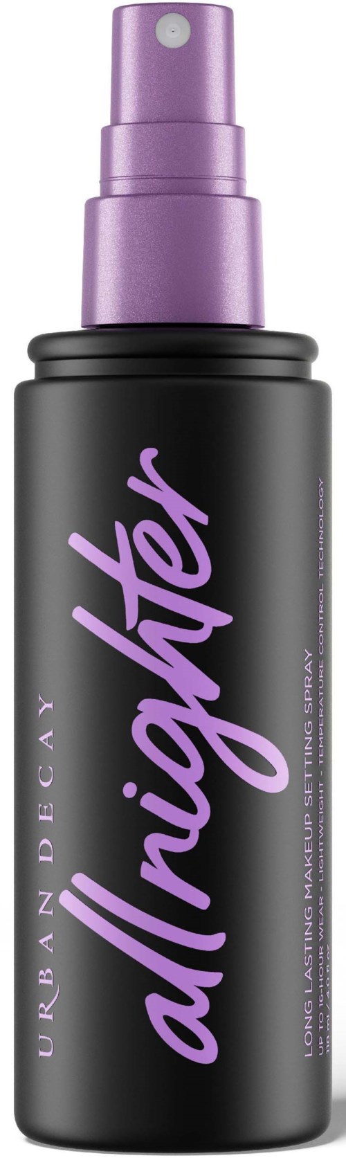 Een zwarte sprayfles met paarse neuspunt en roze tekst die 'allnighter' zegt van Urban Decay.