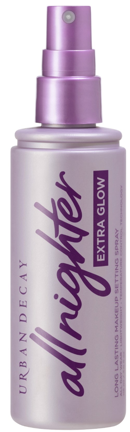 Een licht paarse sprayfles met 'alighten' en 'Urban Decay' en 'Extra Glow'-tekst, en een roze spraykop.