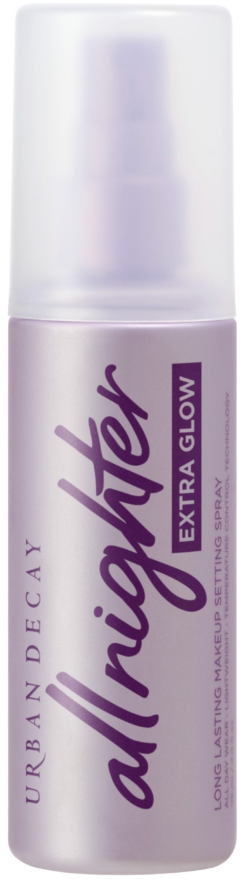 Een kleine paarse en witte fles met pomp gemarkeerd Urban Decay All Nighter Extra Glow.