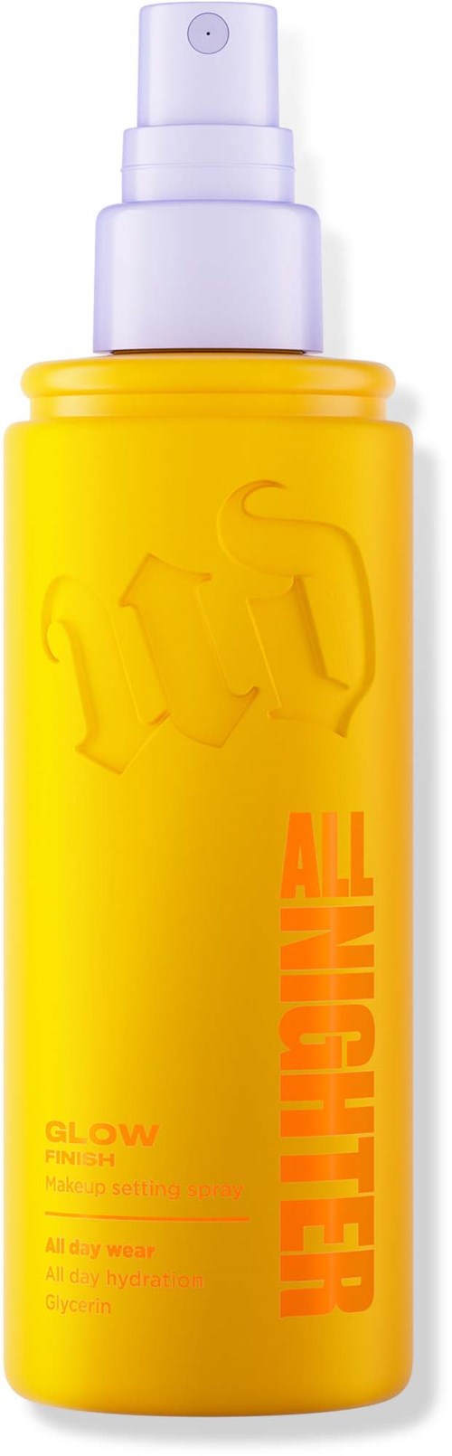 Gele sprayfles met paarse dop, gelabeld 'ALL Nighter' en 'GLOW.'