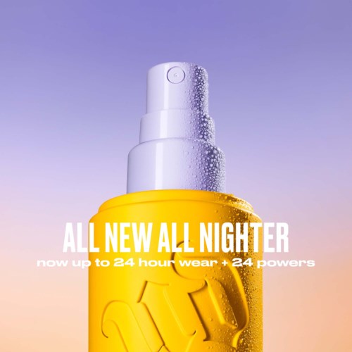 Een gele fles met een witte spraydop adverteert een product dat de hele nacht en kracht houdt. De achtergrond is pastelgekleurd.