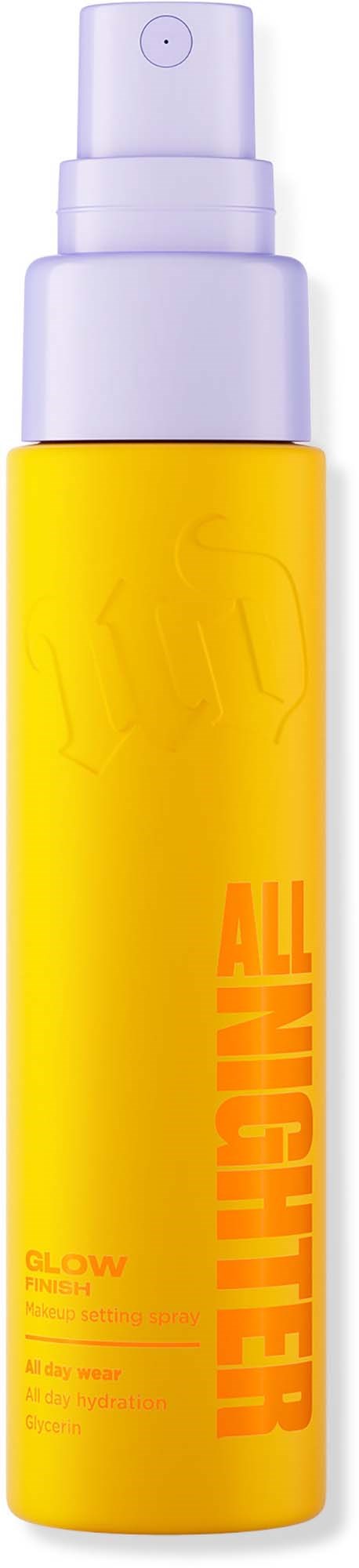 Gelbe Sprühflasche mit weißer Düse, beschriftet 'ALL NIGHTER GLOW'.