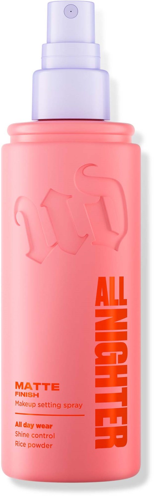 Rote Sprühflasche mit weißem Sprühkopf, Beschriftung 'All Night' Matten-Finish-Spray, für Make-up und Haut.