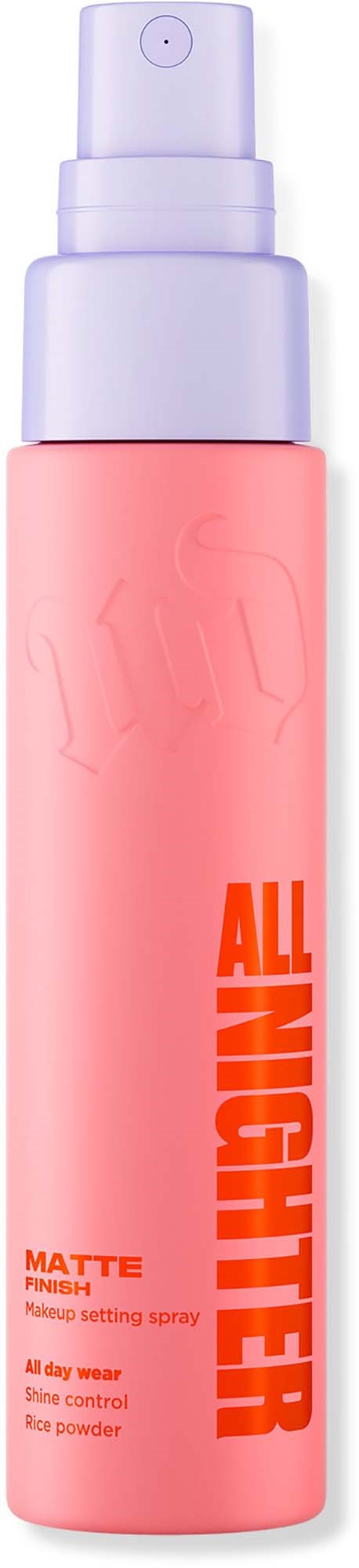Een roze sprayfles met wit deksel, met de tekst 'ALL NIGHTER', gebruikt voor nachtverzorging.