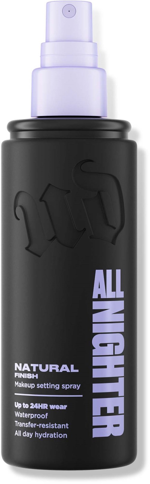 A black spray bottle with purple text and a purple cap, labeled as makeup setting spray, waterproof and resistant.