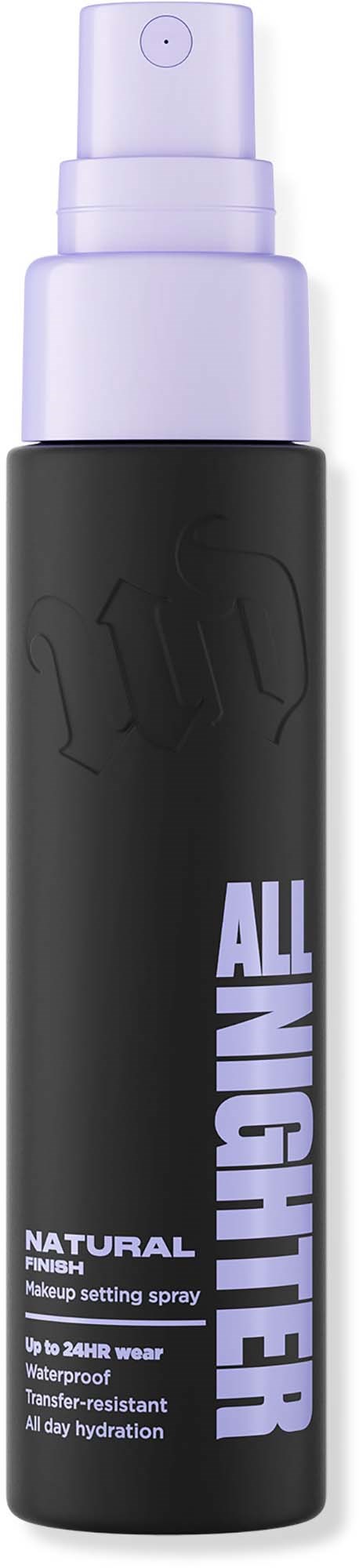 A black spray bottle with purple cap and text saying "ALL NIGHTER" for makeup setting spray.