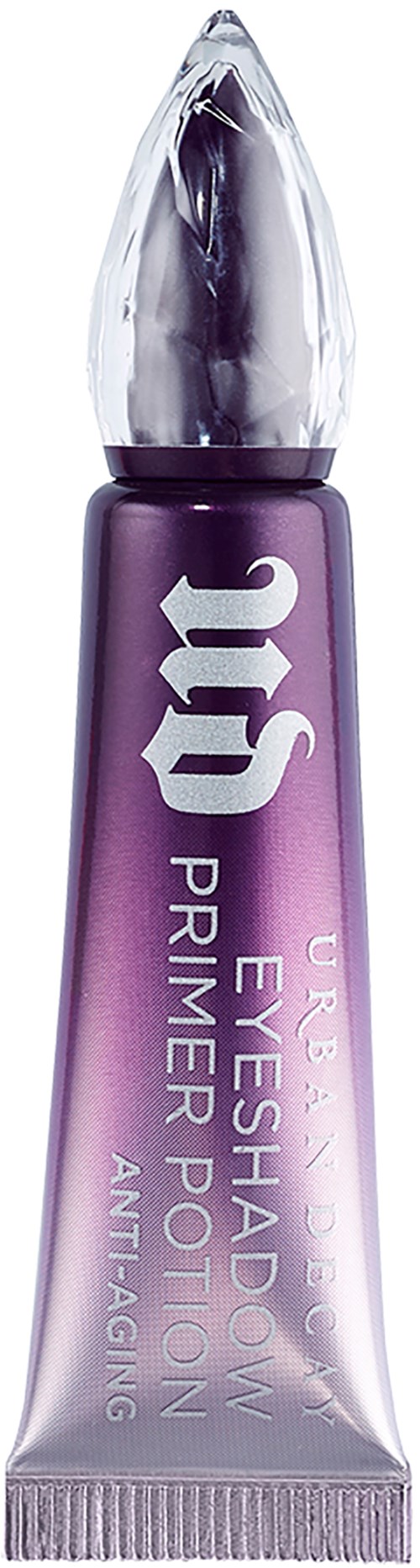 En lila och silver tub med Urban Decay Eyeshadow Primer Potion, anti-aging, med en spetsig silverkork.