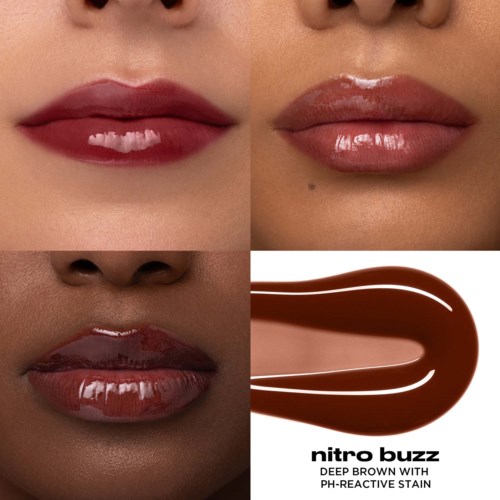 Swatches av mörkbrun läppstift med rubriken Nitro Buzz, med modellbilder som visar läppar med färgen.