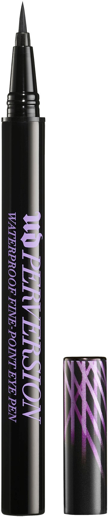 Musta vedenpitävä kynä, jossa on violetti ja musta raitainen kansi, merkitty 'MAKEUP PROFESSIONAL' ja 'POWDER EYE PEN'.