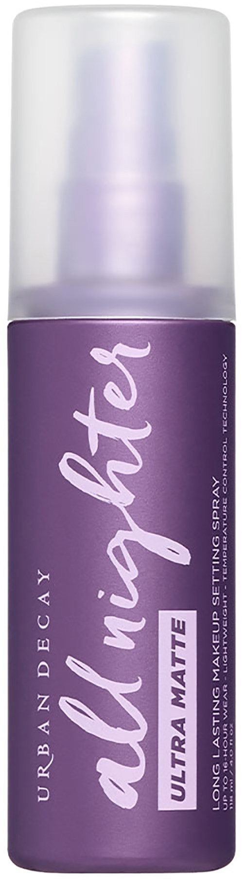 Een paarse fles Urban Decay All Nighter Ultra Matte setting spray met doorzichtige dop.