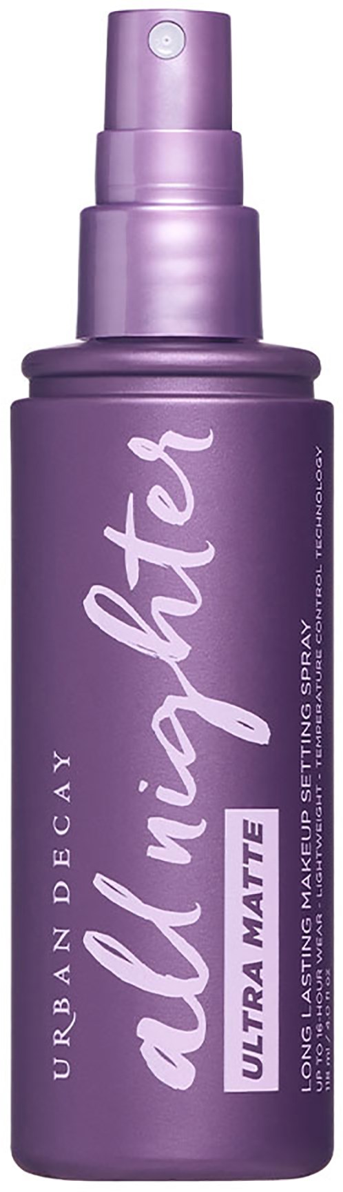 Een paarse sprayfles met label 'Urban Decay All Nighter Ultra Matte Setting Spray' en een spraydop aan de bovenkant.