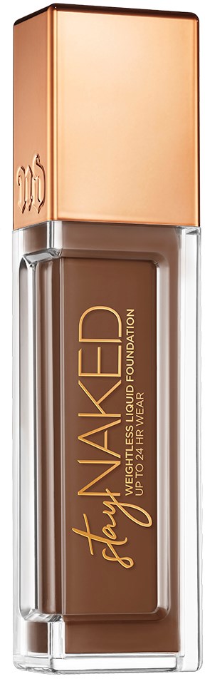 Nestemäinen meikkivoidepullo, jossa on beige korkki ja ruskea etiketti, lukee "Stay WAKED" ja "liquid foundation."