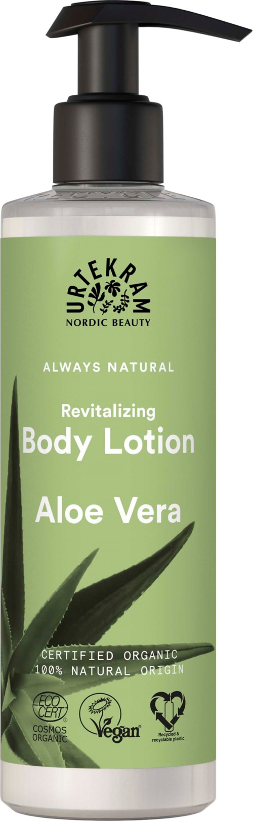 A green bottle with a pump, labeled as aloe vera body lotion, organic, vegan, and natural ingredients.