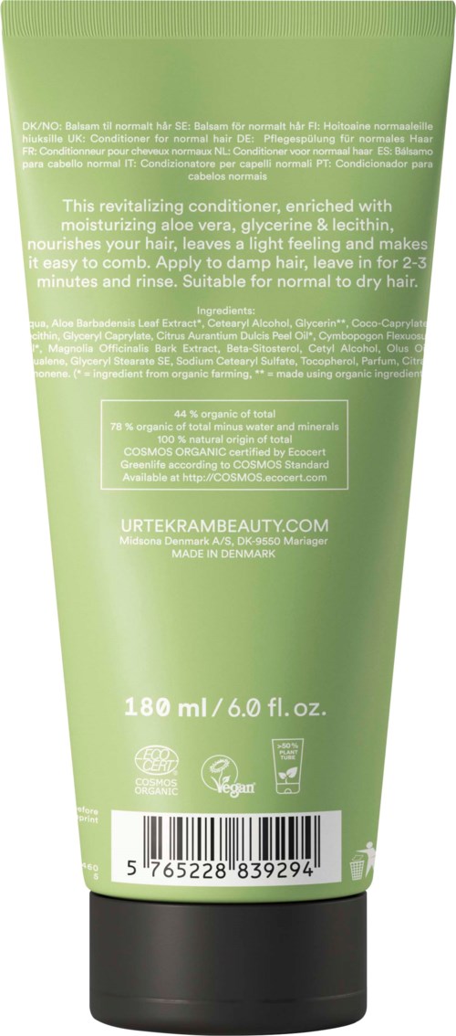 Groene tube met witte tekst, bevat een hydraterende conditioner met aloë vera, glycerine en lecithin.