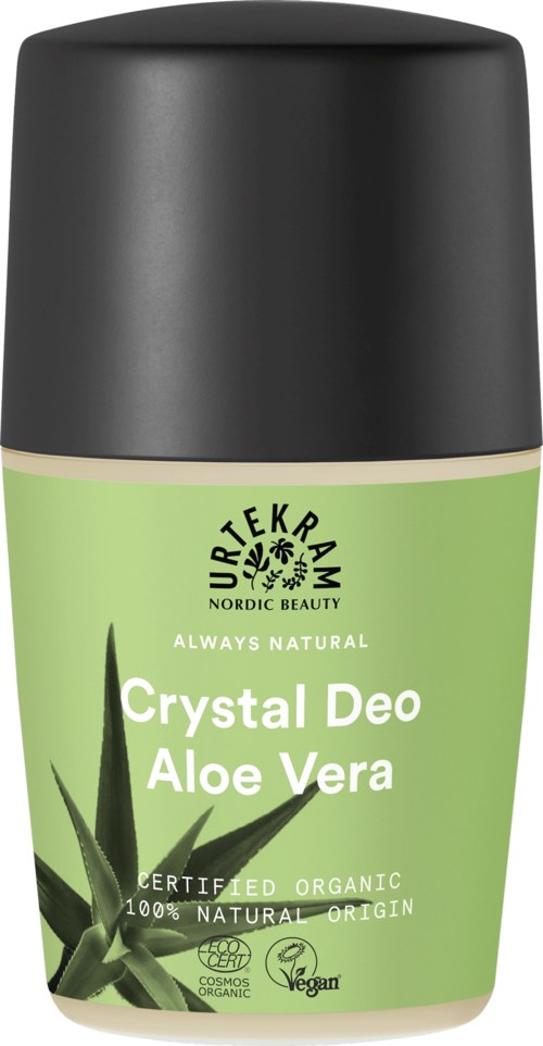 Een groen en zwart bakje van Urtekram kristal deodorant met aloë vera, gelabeld als biologisch en veganistisch.