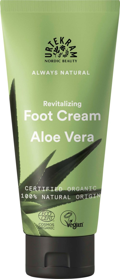Eine grüne Tube mit Fußcreme, Aloe Vera, bio, natürlich, vegan. Design mit Blatt.