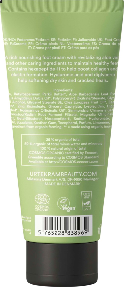 Grüne Tube mit Gesichtscreme mit Text zu Inhaltsstoffen, Vorteilen und Barcode am unteren Ende.