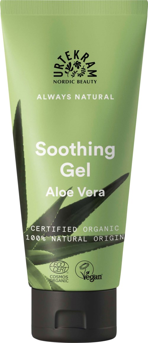 Green tube of soothing aloe vera gel, organic, natural, vegan, certified, with aloe vera leaves on label.