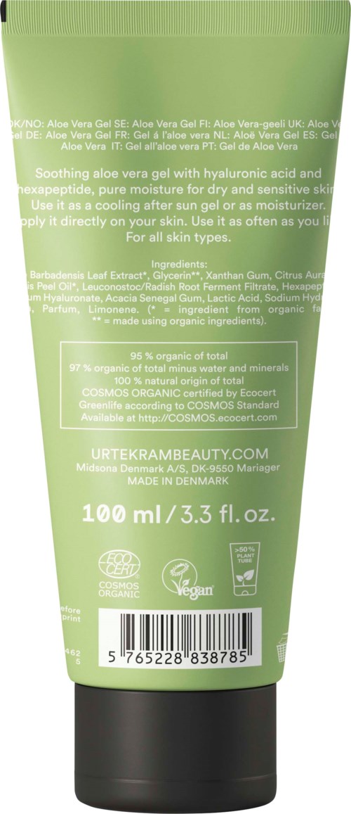 Green tube of aloe vera gel with text describing its use and ingredients. It is for skin soothing and moisturizing.
