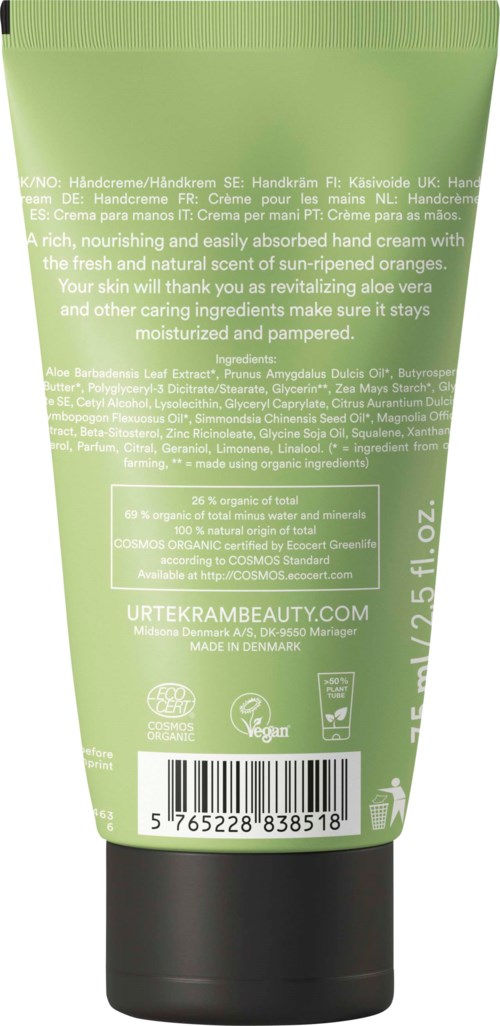 Groene tube handcrème met gedetaileerde tekst over ingrediënten en voordelen, inclusief biologische en veganistische symbolen.
