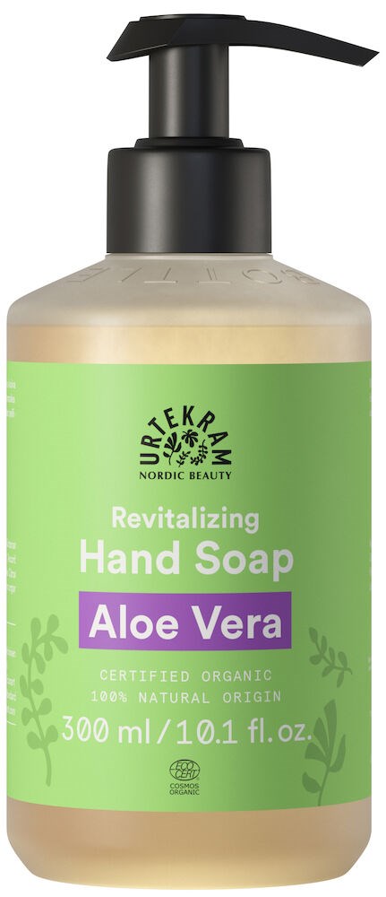 Een groene label toont een fles revitaliserende handzeep met aloë Vera, 300ml, biologisch en natuurlijk.