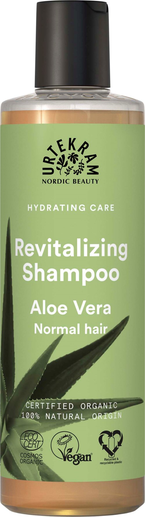 Eine grüne Flasche Revitalizing Shampoo mit Aloe Vera für normales Haar, biologisch und vegan.
