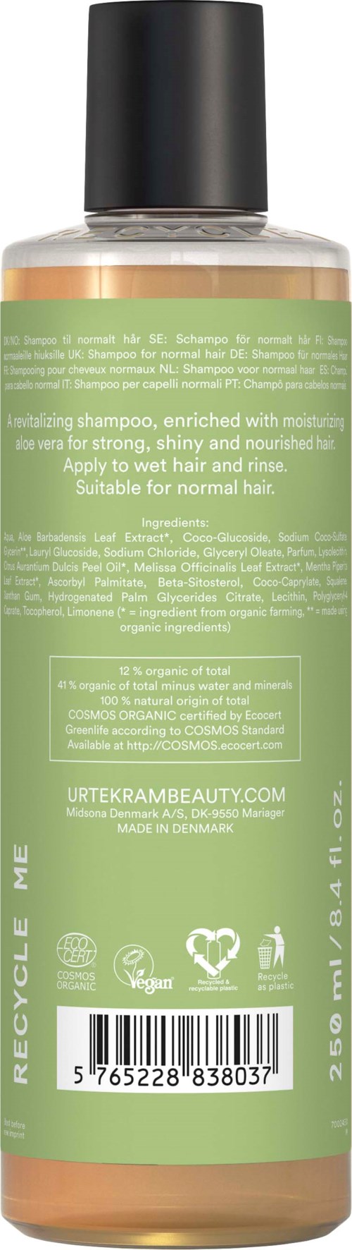 Grüne Shampoo-Flasche mit schwarzem Deckel, enthält natürliche Inhaltsstoffe, geeignet für alle Haartypen, mit Recyclingzeichen.
