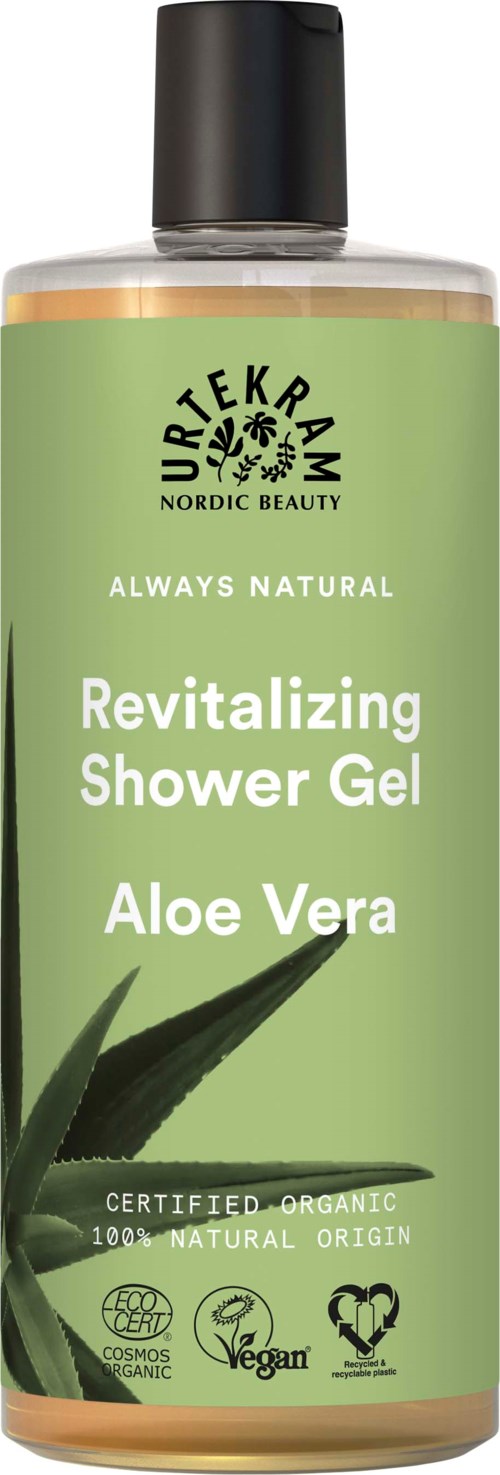 Groene fles met Revitalizing Shower Gel met Aloe Vera, natuurlijk en biologisch, vegan, en gecertificeerd.