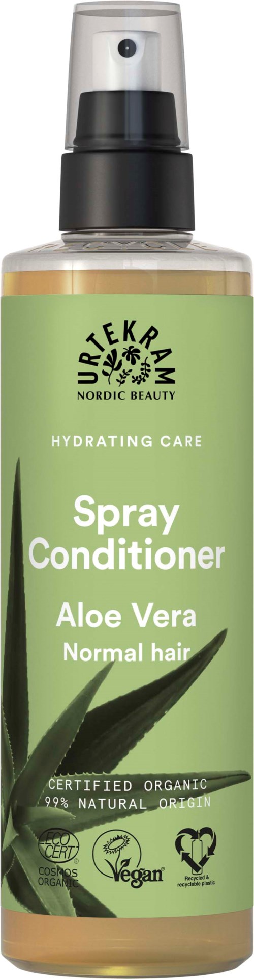 Groene fles met aloë vera sprayconditioner voor normaal haar, biologisch, vegan en hydraterend.