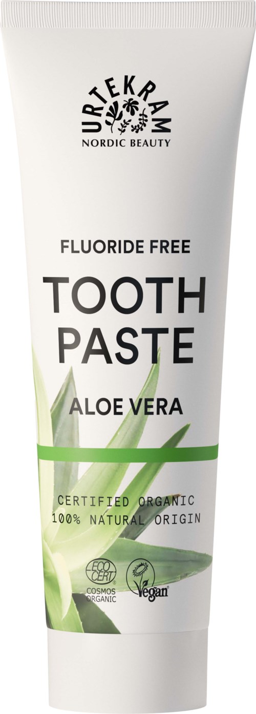Eine weiße Tube fluoridfreie Aloe Vera-Zahnpasta mit grünen Blättern und Bio-Zertifizierungen.