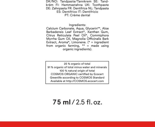 Dies ist eine Zutatenliste für natürliche Zahnpasta, mit Hinweis auf Bio-Zertifizierung und 75 ml Volumen.