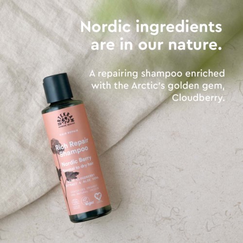 Text describes a shampoo bottle with Nordic ingredients, including Arctic's golden gem, Cloudberry, for repairing dry hair.